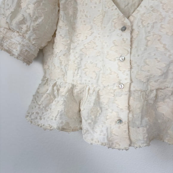 Zara‎ Floral Texture Peplum Top Womens Size S Puff Sleeve Blouse Cream - Picture 5 of 16